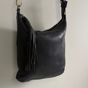 Lucky Brand Black Leather Crossbody Bag Tassel Boho Adjustable Strap